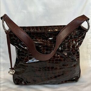 Brighton CHER Glossy Brown Crocodile-Embossed Shoulder Bag